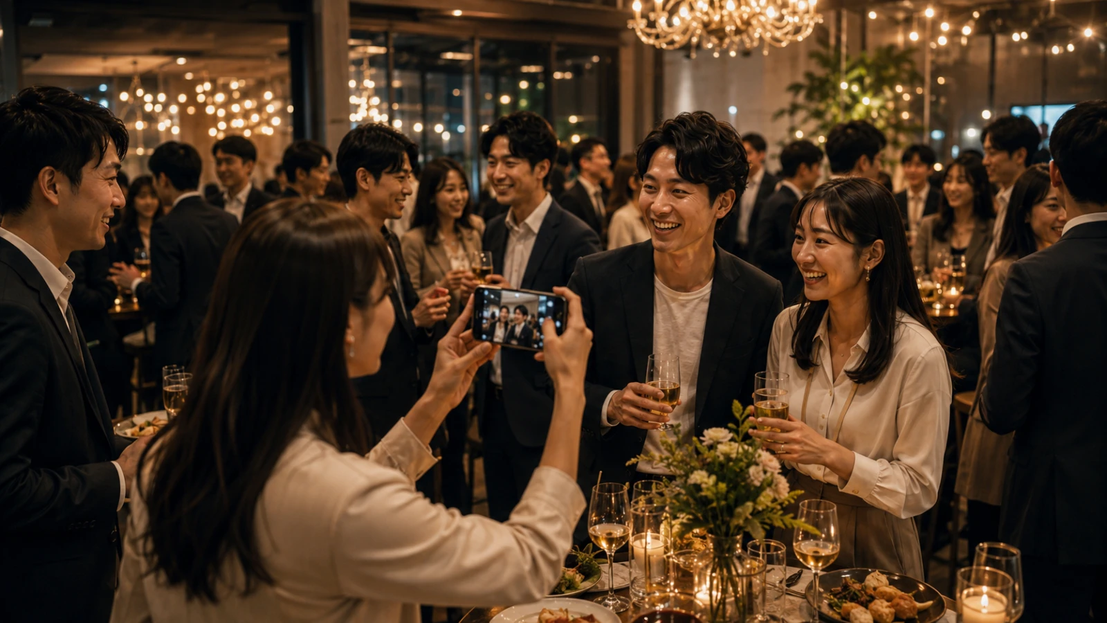 設計された懇親会の様子。社員が笑顔で写真を撮り、自然な会話が生まれている