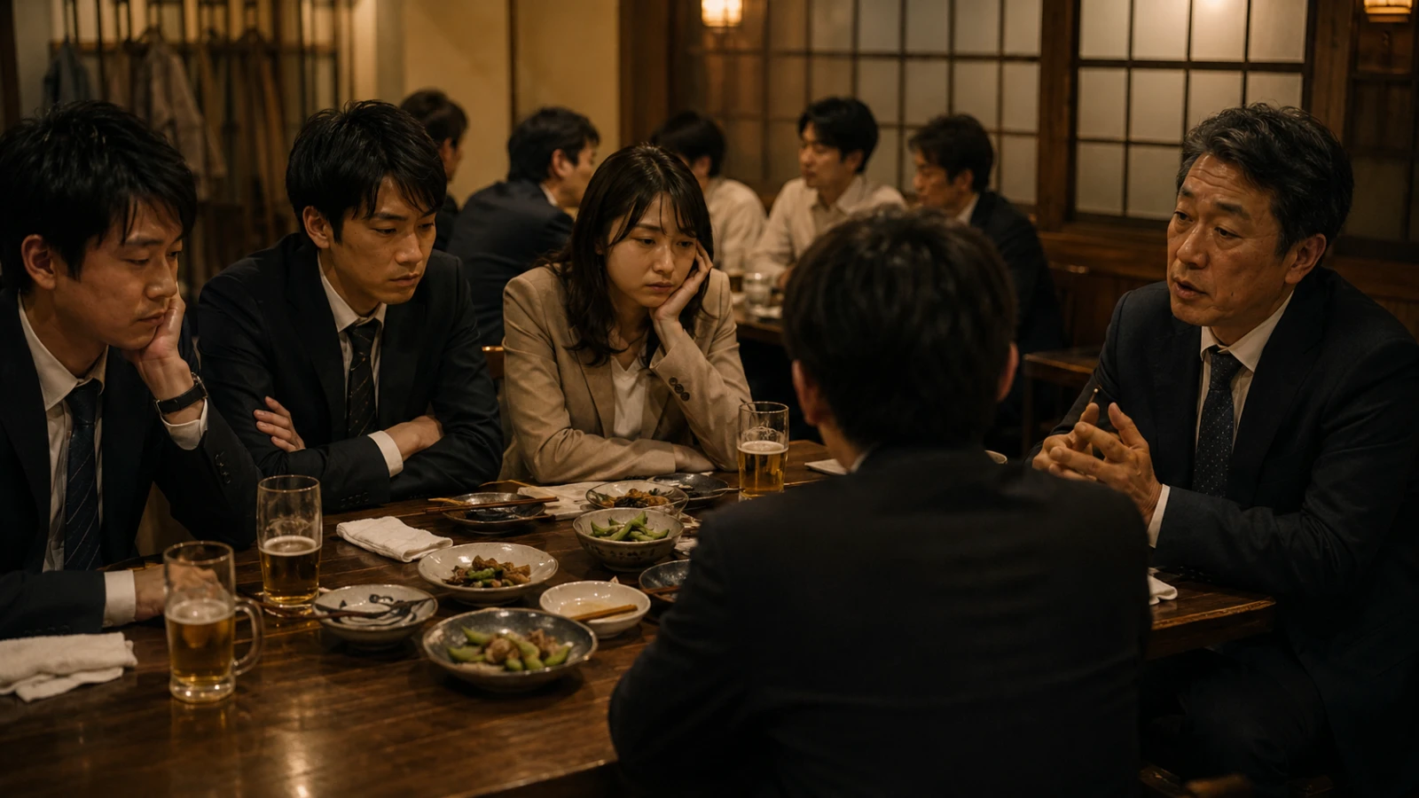 よくある懇親会の様子。参加者の表情が暗く、会話が盛り上がっていない