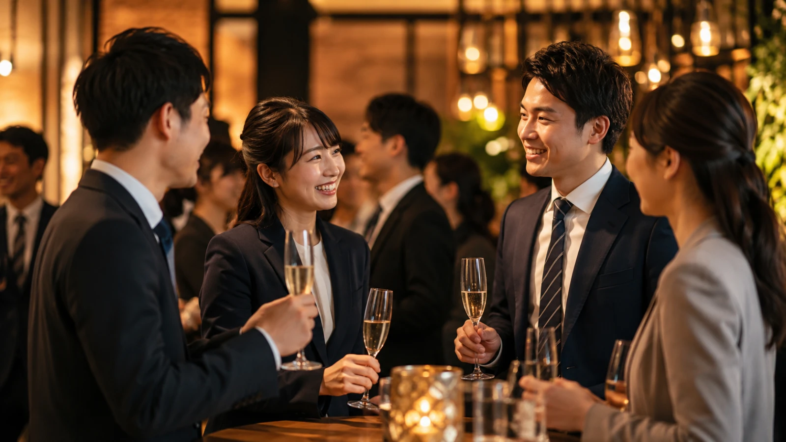 社員同士が笑顔で会話し、良好な関係性が生まれている懇親会の様子