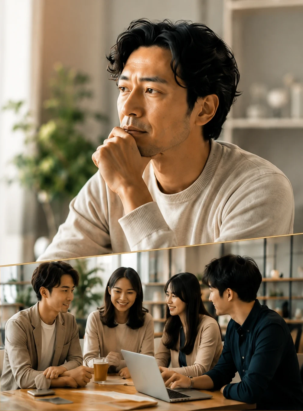 利益が残らないことに悩む経営者と、協力的に話し合う社員チーム。